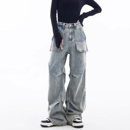 American workwear jeans for women 2024 Spring and Autumn New High waist retro loose design wide leg high street pants