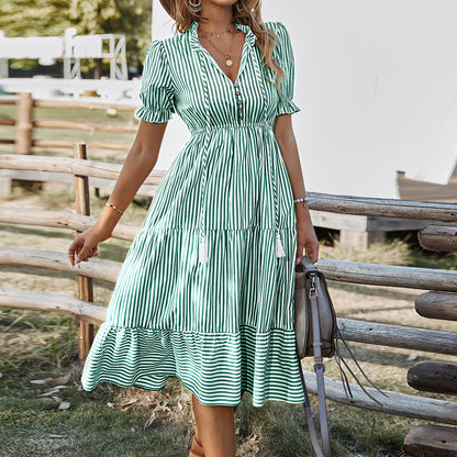 Self-developed design European and American fashion women's wear dress 2025 summer Amazon stripes dress temperament