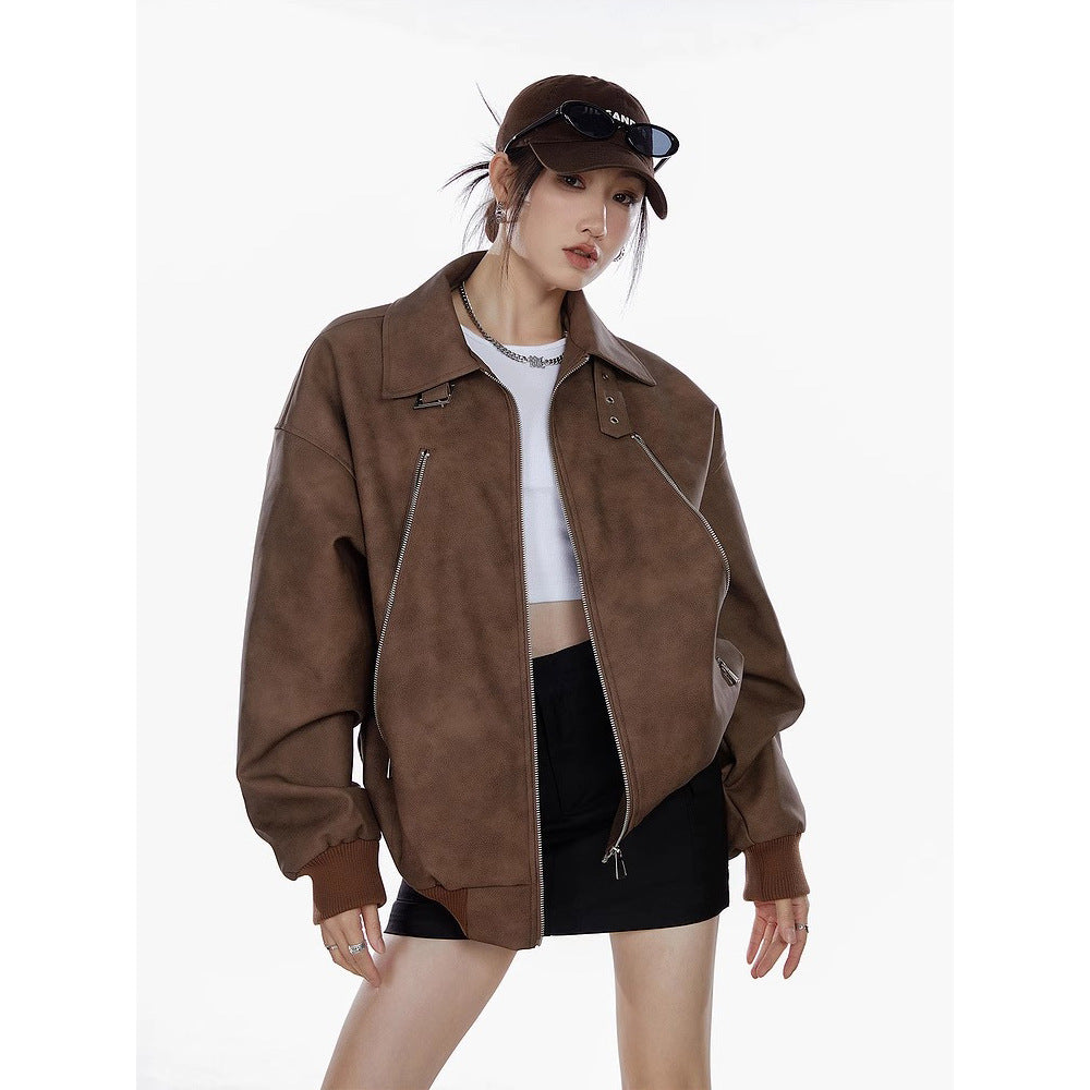 American Retro High Street distressed design stand collar coat for women Spring and Autumn New loose trendy versatile jacket top