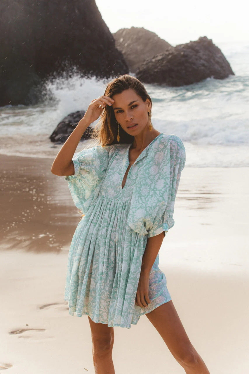 Amazon hot vacation style dress loose casual print short skirt high waist lace-up floral skirt beachwear women