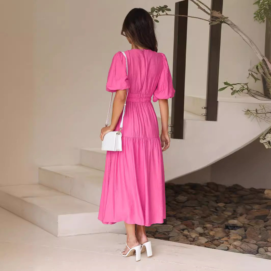 Amazon new dress high-grade long dress ruffled lantern sleeves V-neck holiday beach dress foreign trade women's clothing