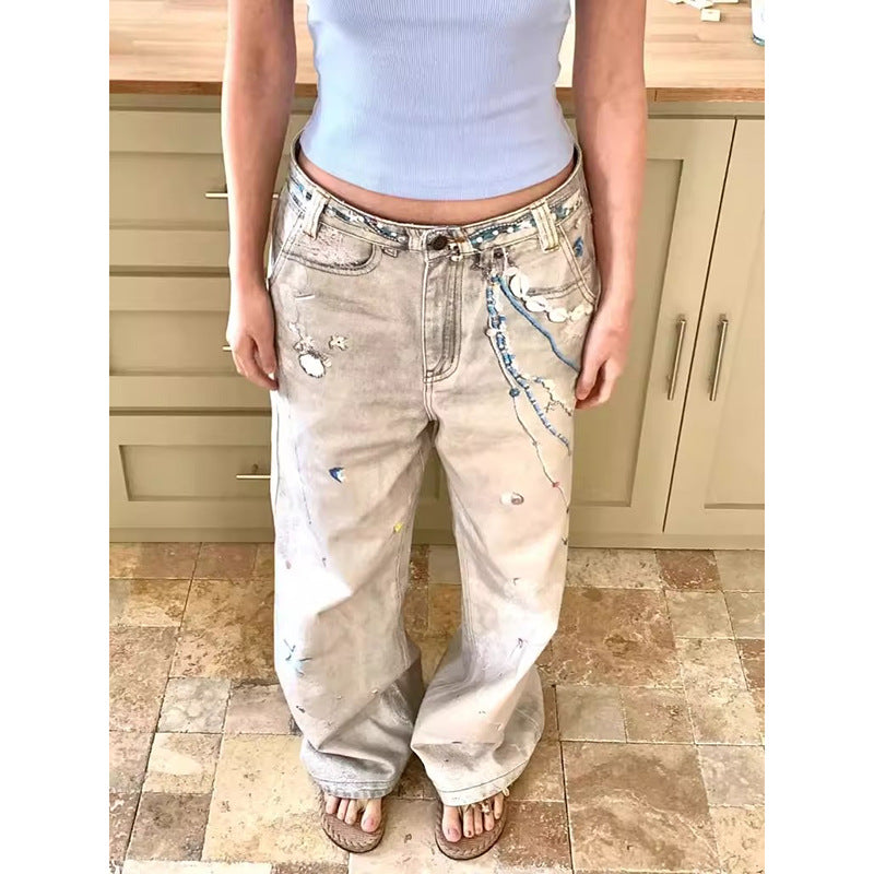 High street retro splash-ink design worn jeans female 2025 summer new dirty dyed straight slim-fit wide-leg pants