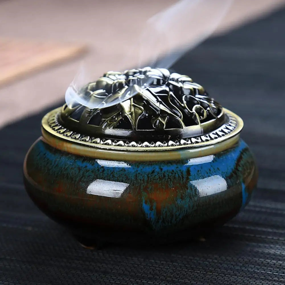 Incense Burner with Lid Hollow Top Censer Holder Heat Resistance Incense Tower Ice Crack Pattern Peaceful Mind Censer Burner