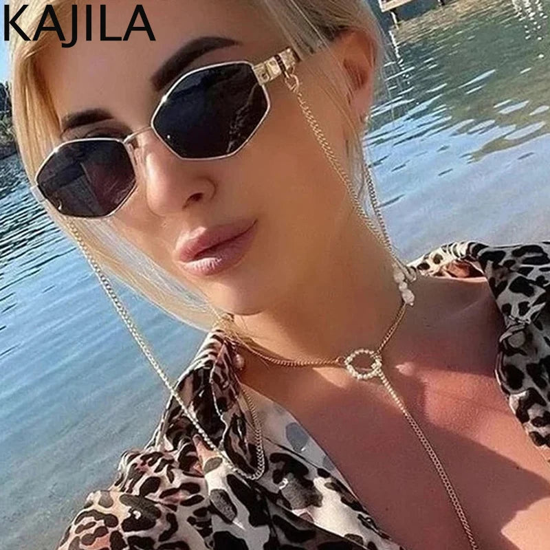 Sexy Small Frame Hexagon Sunglasses Women With Chain 2024 Luxury Brand Designer Punk Sun Glasses For Ladies Shades Gafas De Sol