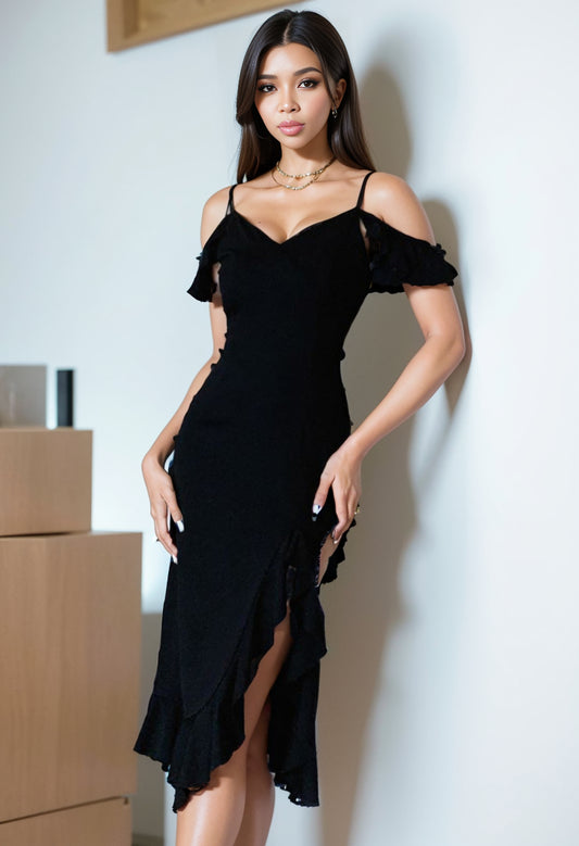 Off-the-Shoulder Fashion Sexy Wavy Side Slit V-neck Strap