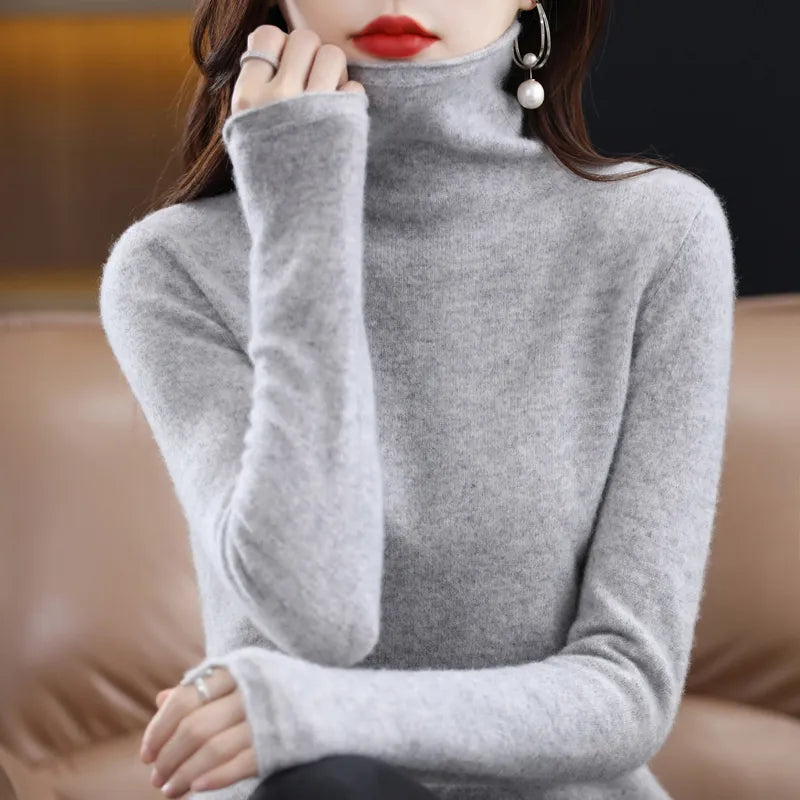Merino Wool Cashmere Sweater Women's High Stacked Collar Pullover Long Sleeve Winter Knitted Sweater Warm High Quality Jumper