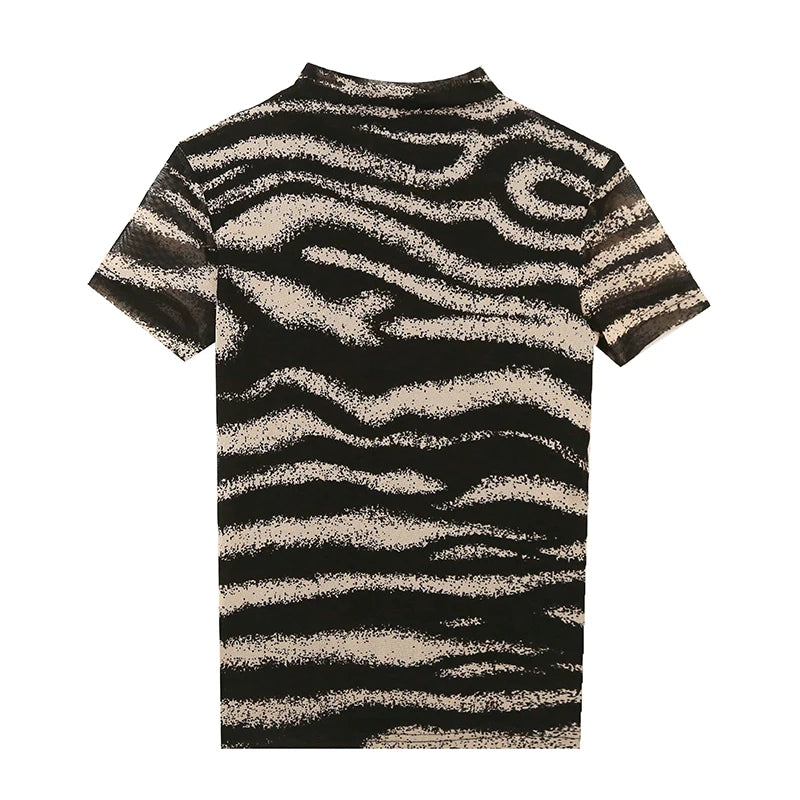 MadBlack European Clothes T-Shirts Women Sexy Mock Neck Zebra Print Slim Mesh Tops Short Sleeves Tees Spring Autumn T39711JC