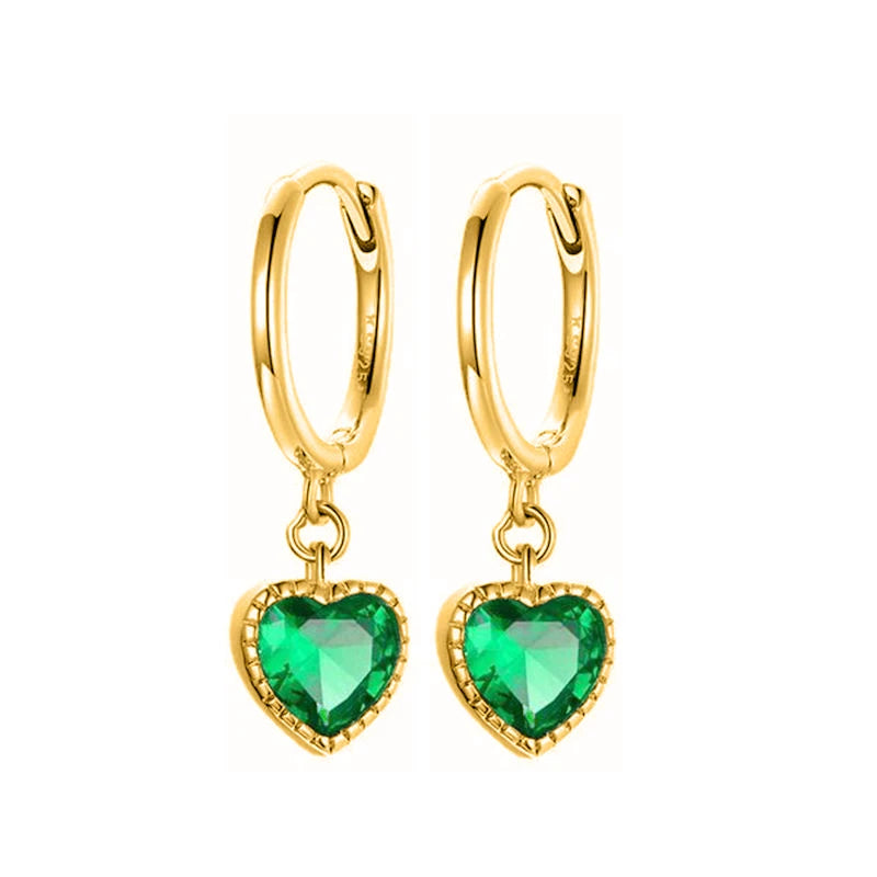 925 Sterling Silver Needle Green Zircon Gold Earrings Heart Hoop Earrings for Women Delicate Stud Earrings Luxury Jewelry Gifts