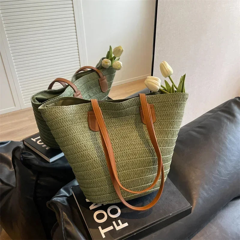 Women Braided Basket Clutches Top-handle Bag Large Straw Portable Shoulder Bag Summer Beach Party Purses Shopper Satchel Female