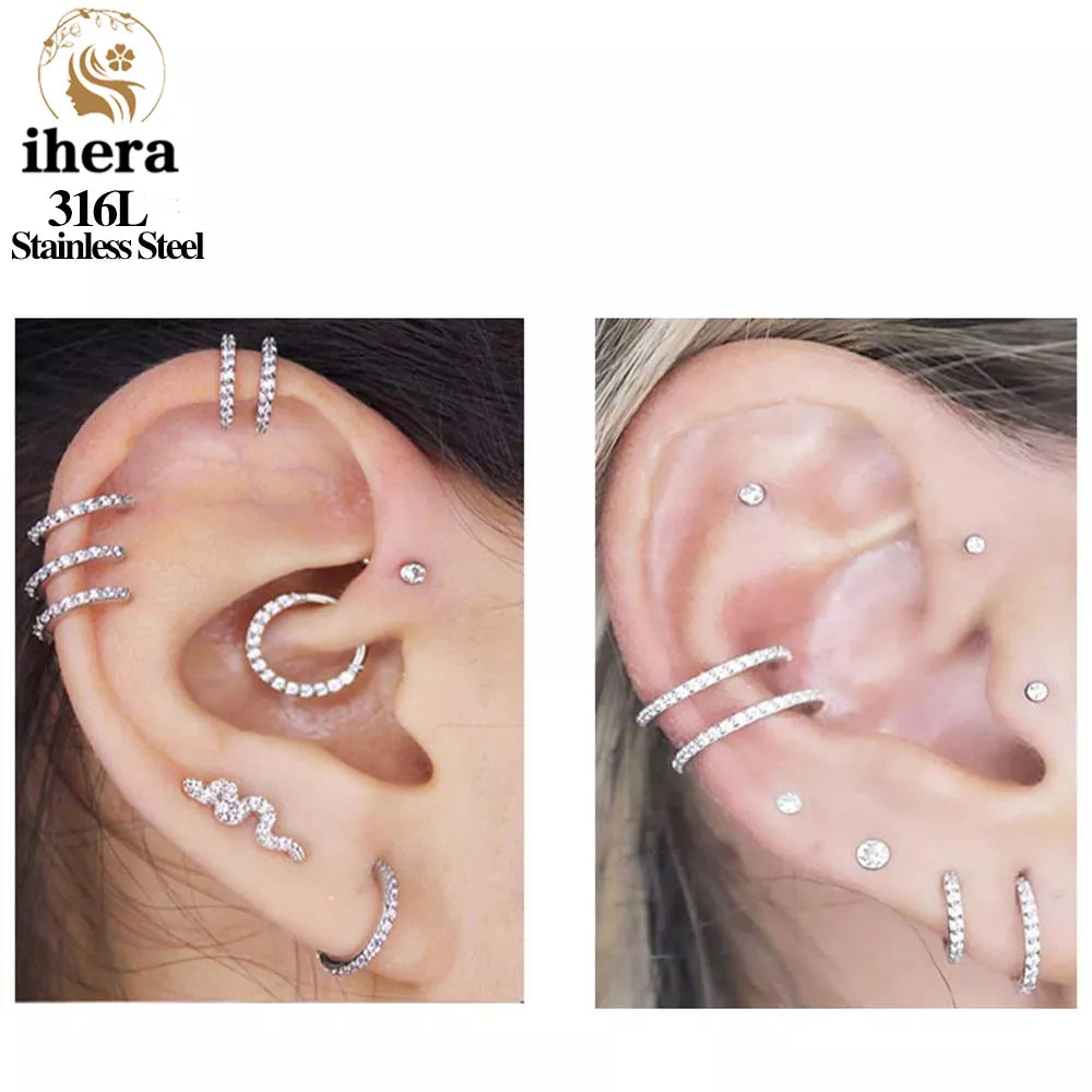 50 件不锈钢锆石 CZ 铰链段鼻中隔环圆形耳环圈耳屏耳轮穿孔珠宝
