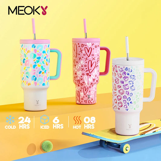 Meoky 40oz Tumbler Handle Straw Thermos Cup Multiple Prints Stainless Steel Bottle Vacuum Insulated Car Mug Best Christmas Gifts