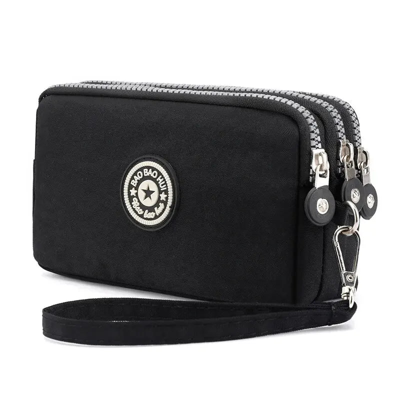 Solid Color Coin Purse Women Handbag Small Wallet Wrinkle Fabric Phone Purse Three Zippers Portable Make Up Bag