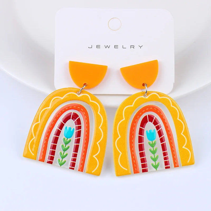 Rainbow Dangling Earrings For Women Minimalist Stripes Acrylic Creative Macaron Rainbow Lover Earrings Bohemian Holiday Gift