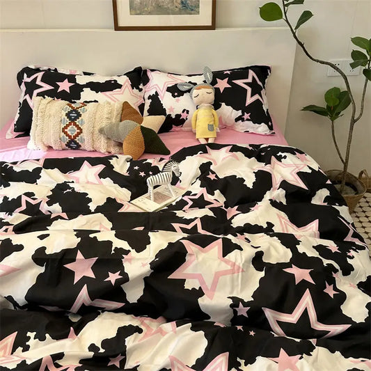 Fashion Style Pink Black Bedding Set Soft Floral Duvet Cover Pillowcase Bed Flat Sheet Set for Girl Full Queen Twin Bed Linen