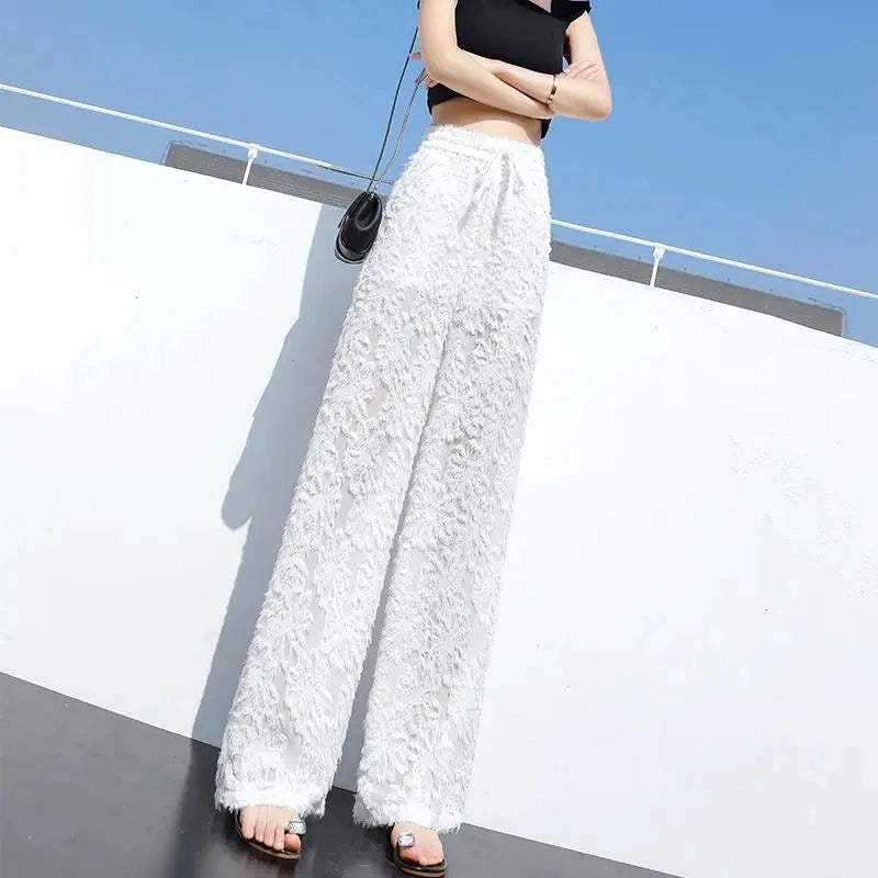 2023 New White Ice Silk Snowflake Mao Mao Wide-Leg Pants Women's Summer New High Waist Loose Drape Chiffon Mopping Casual Pants