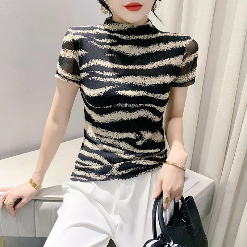 MadBlack European Clothes T-Shirts Women Sexy Mock Neck Zebra Print Slim Mesh Tops Short Sleeves Tees Spring Autumn T39711JC