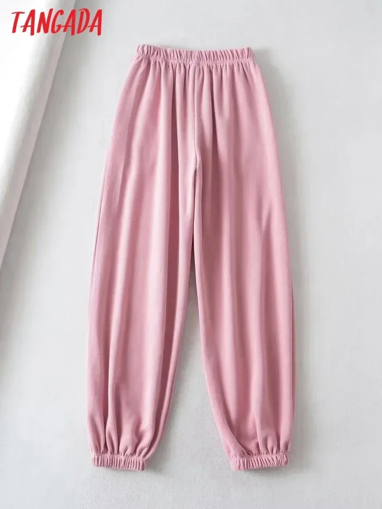 Tangada 2024 Women Hotpink Long Pants Cargo Strethy Waist Pants Trousers Joggers Female Sweatpants 2T75