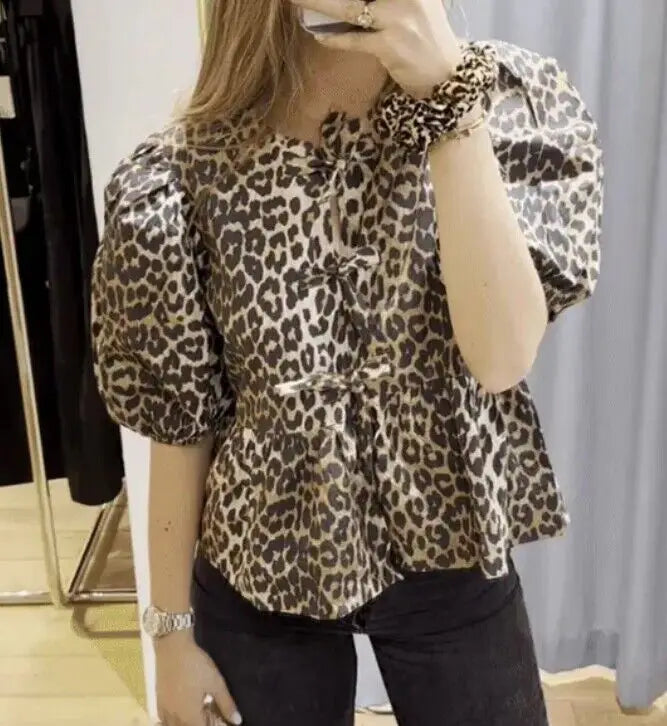 Spring Summer Girls Bow Tie-up Peplum Top in 100% Cotton poplin Puff Sleeve Ladies Leopard Cute Blouses for Women Fashion 2024