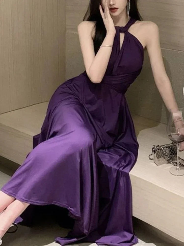 Purple Sexy Party Sleeveless Dress Women Chiffon France Vintage Long Dress Female Beach Elegant Chic Backless Dress Summer 2023