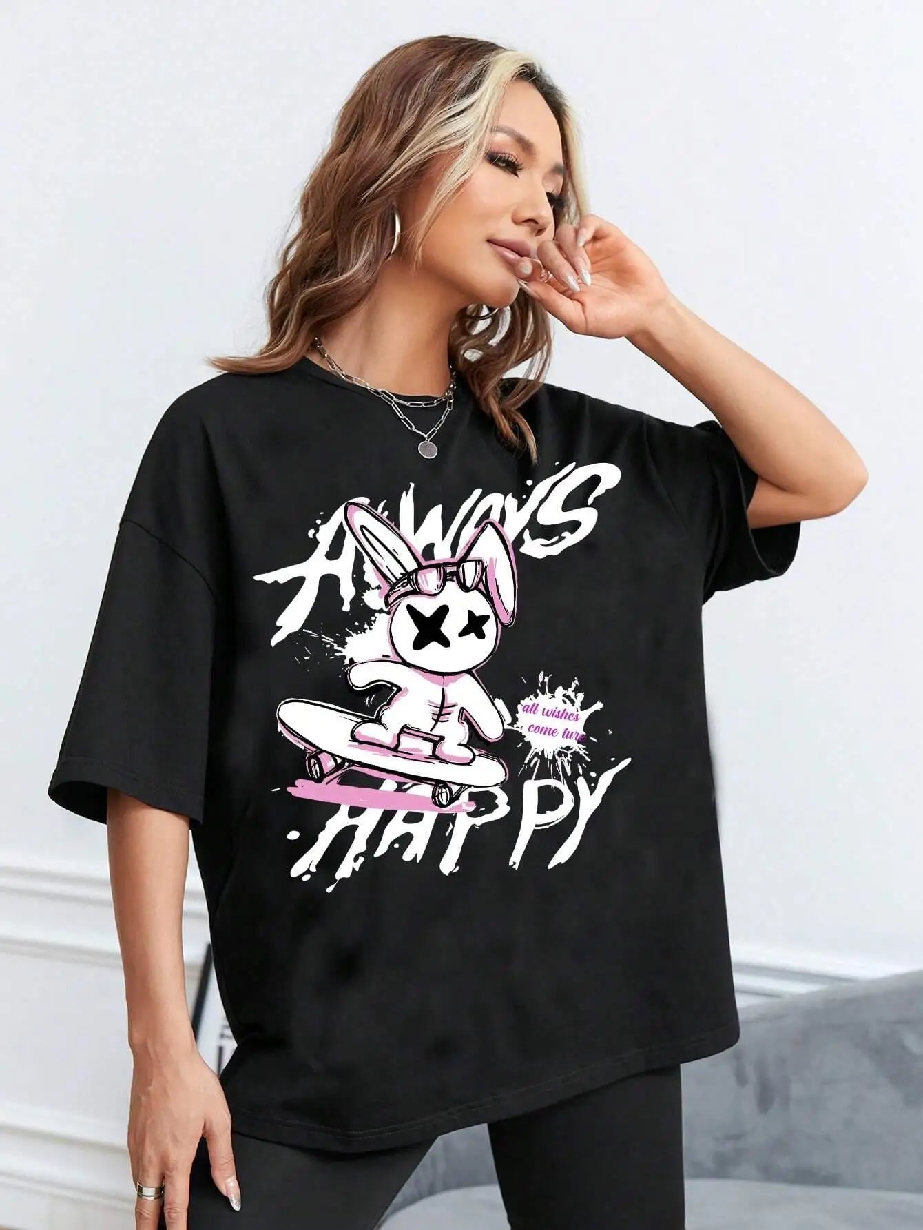 Cute Rabbit Printed Women T-Shirts Casual Fashion All-Match Soft Short Sleeve Tops Loose Comfortable Round Neck Street Clothing