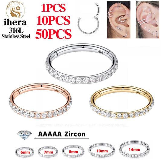 1/10/50PCS Stainless Steel Zircon Hinged Segment Nose Septum Clicker Ring Round Earrings Hoops Ear Tragus Helix Piercing Jewelry
