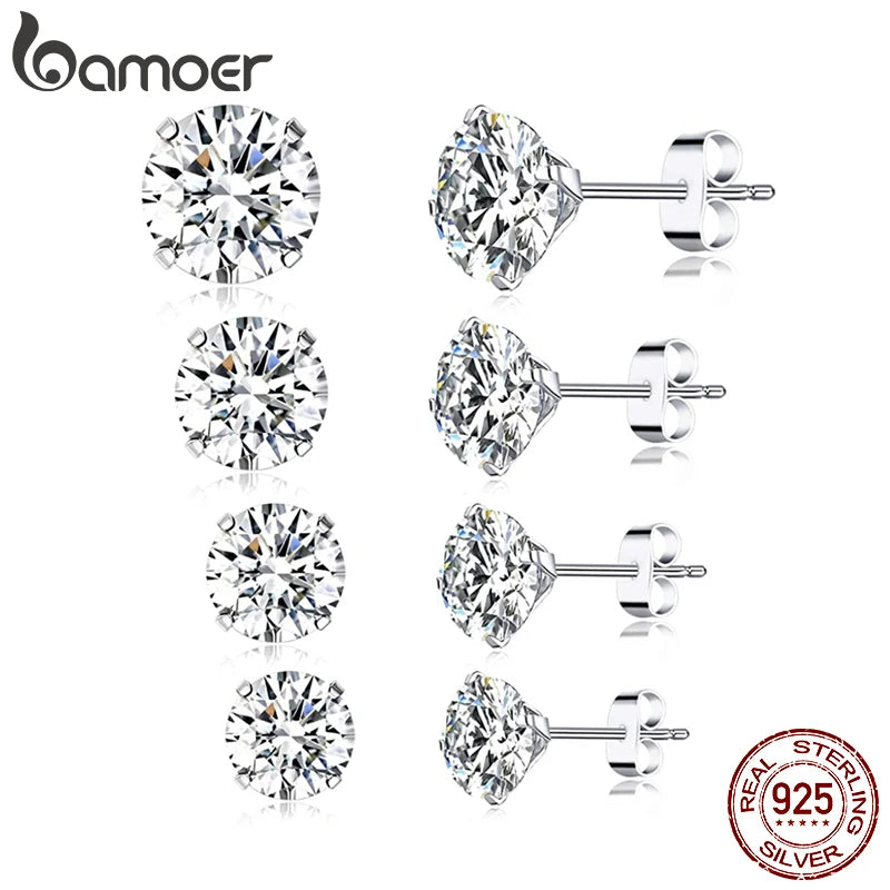 bamoer CZ Stud Earrings 925 Sterling Silver Platinum Plated Round Cubic Zirconia Hypoallergenic Earrings 4mm 5mm 6mm 7mm BSE166