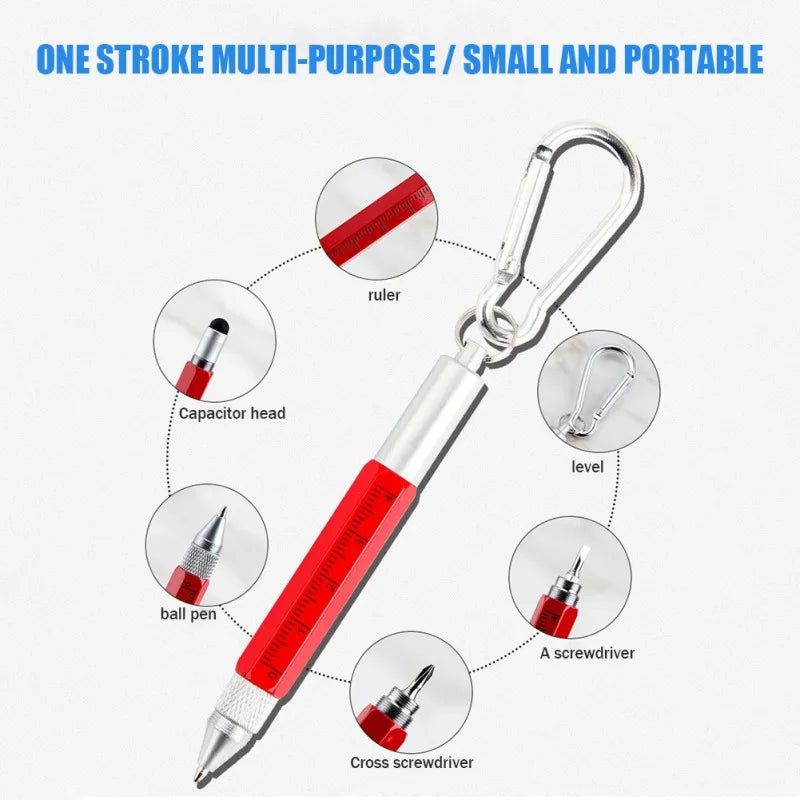 6 In 1 Tool Pens Small Ballpoint Rotating Metal Pens Screwdriver Hexagonal Touch Screen Carabiner Scale Keychain Writing Tools