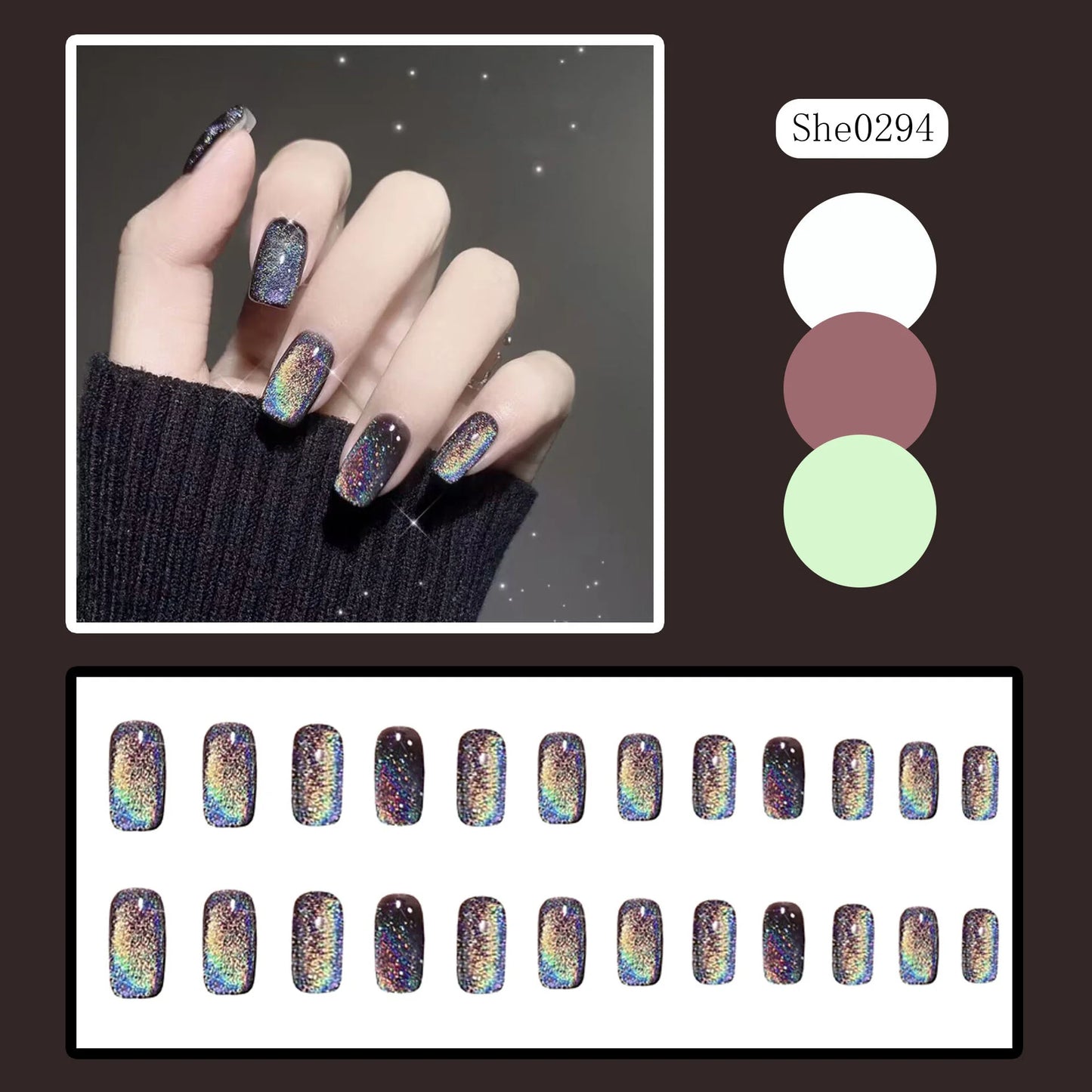 Pure Hand Manicure Black Long Laser Cross-border Rainbow CAT'S Eye False Nail Phototherapy Hand Wear Nail