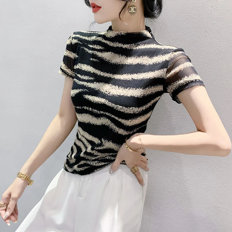 MadBlack European Clothes T-Shirts Women Sexy Mock Neck Zebra Print Slim Mesh Tops Short Sleeves Tees Spring Autumn T39711JC