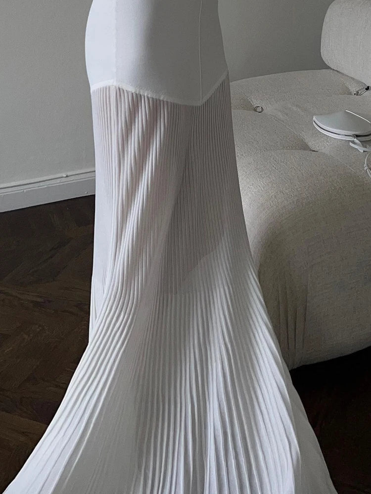 Tossy Knitted V-neck Elegant Long Dress Sexy Sleeveless Slim Stitching Folds Beach Vacation Female White Dress Knitwear Outfits