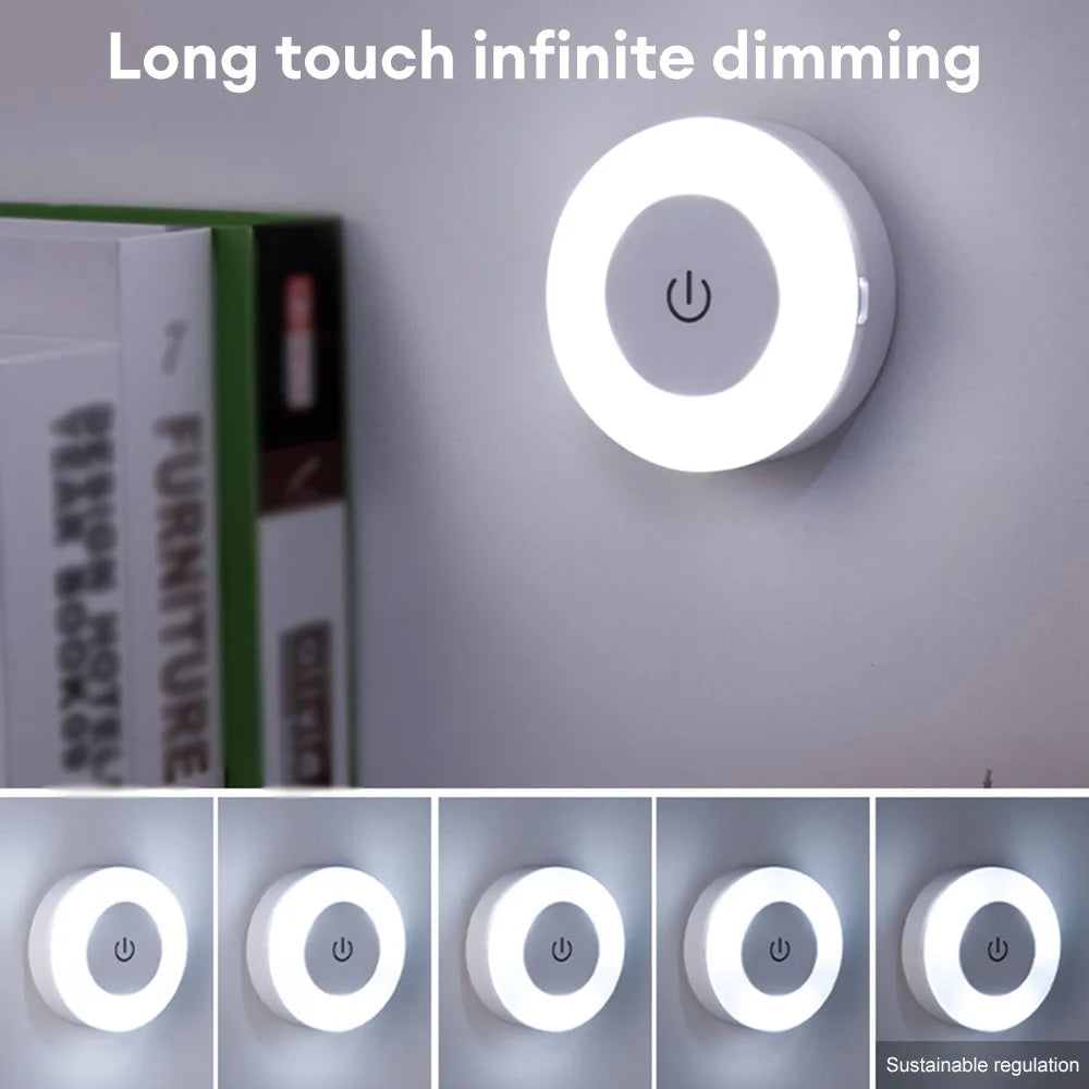 Mini LED Touch Sensor Night Lights USB Rechargeable Kitchen Bedroom Magnetic Base Wall Light Round Portable Dimming Night Lamp