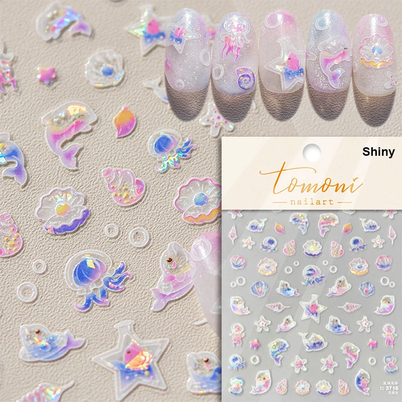 Summer Beach Ocean Shell Starfish Clams Conch Stars Sea Bubble Seasnail Soft Relief Decoration Nail Art Stickers Manicure Decals