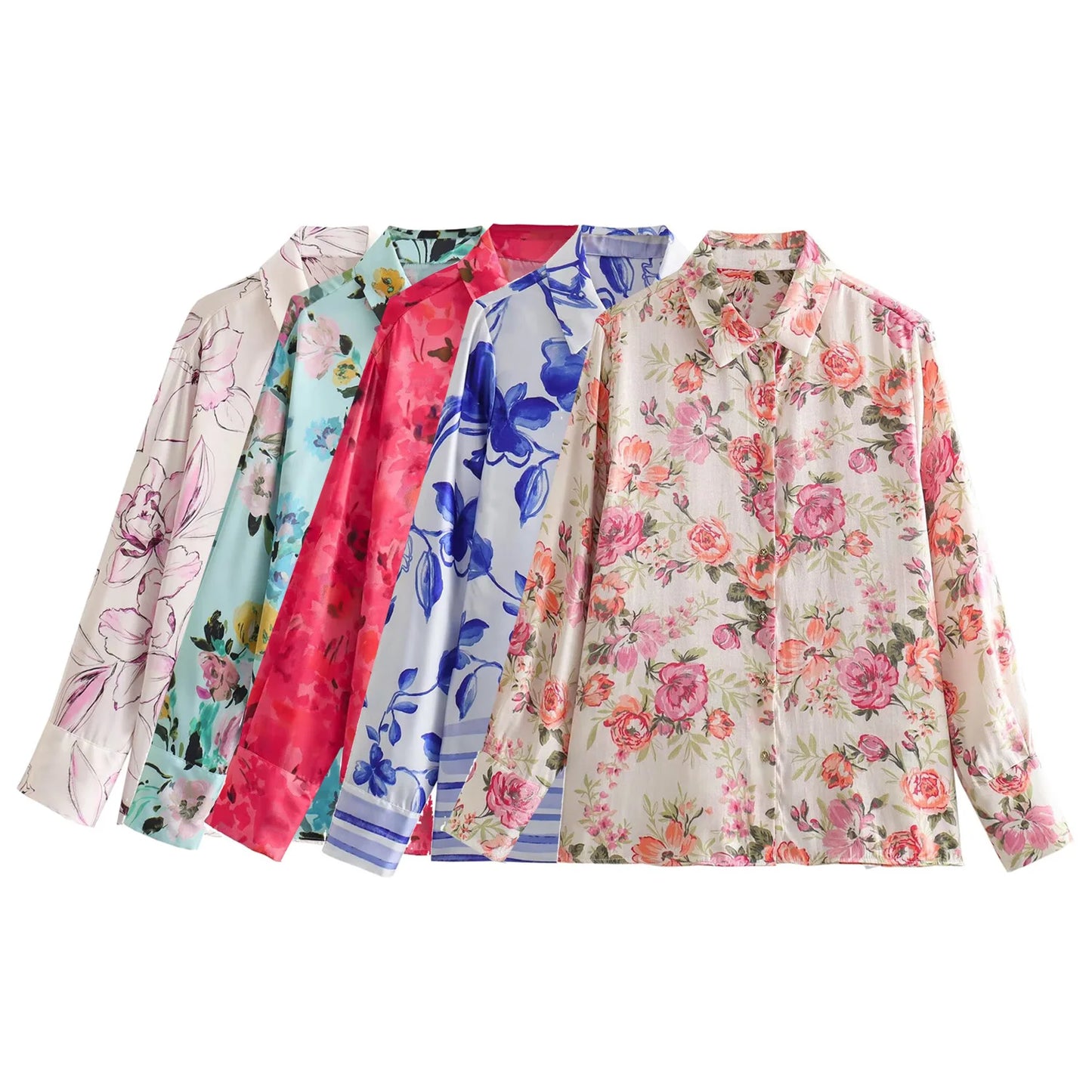 Taop&Za Women's New Flower Shirt Poplin Texture Satin Printed Casual Long sleeved Top