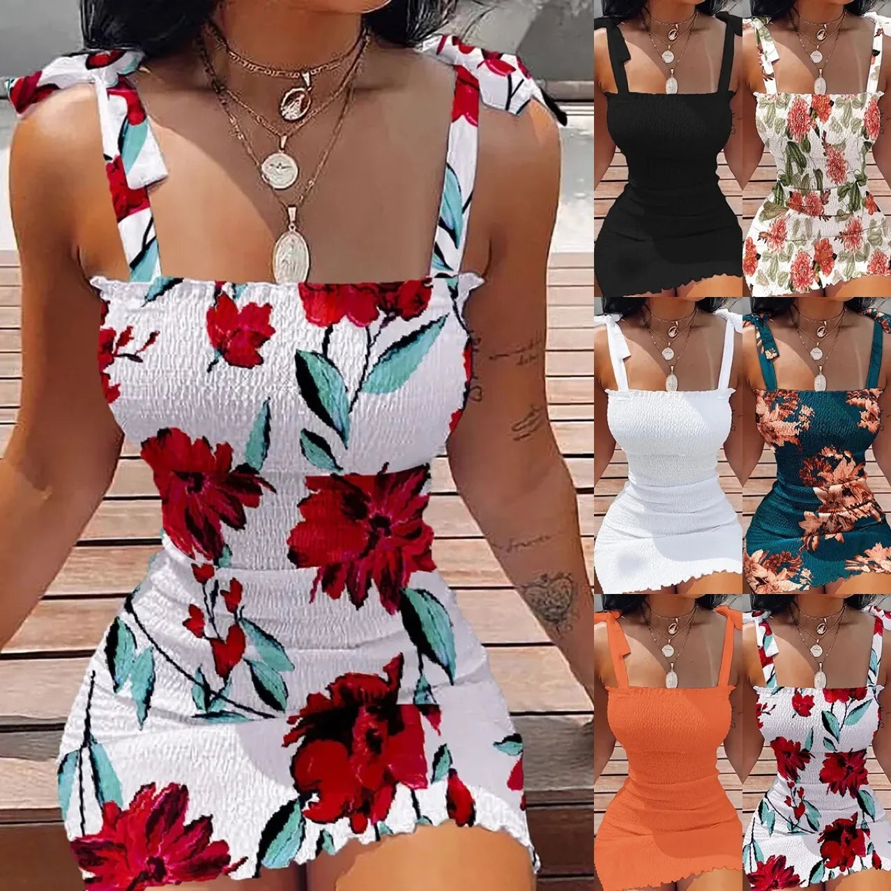 Beach Travel Party Dresses Women Sexy Mini Flower Print Skirt Hot Girl Fashion Stretch Slim Fit Bohemian Vest Dress