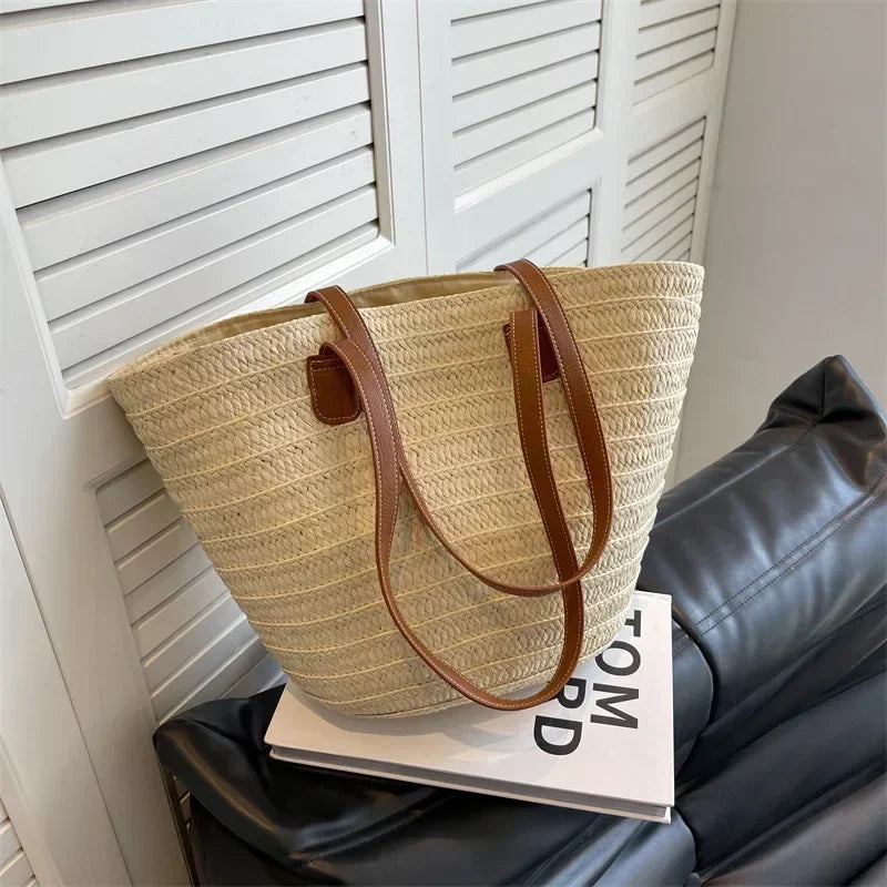 Women Braided Basket Clutches Top-handle Bag Large Straw Portable Shoulder Bag Summer Beach Party Purses Shopper Satchel Female