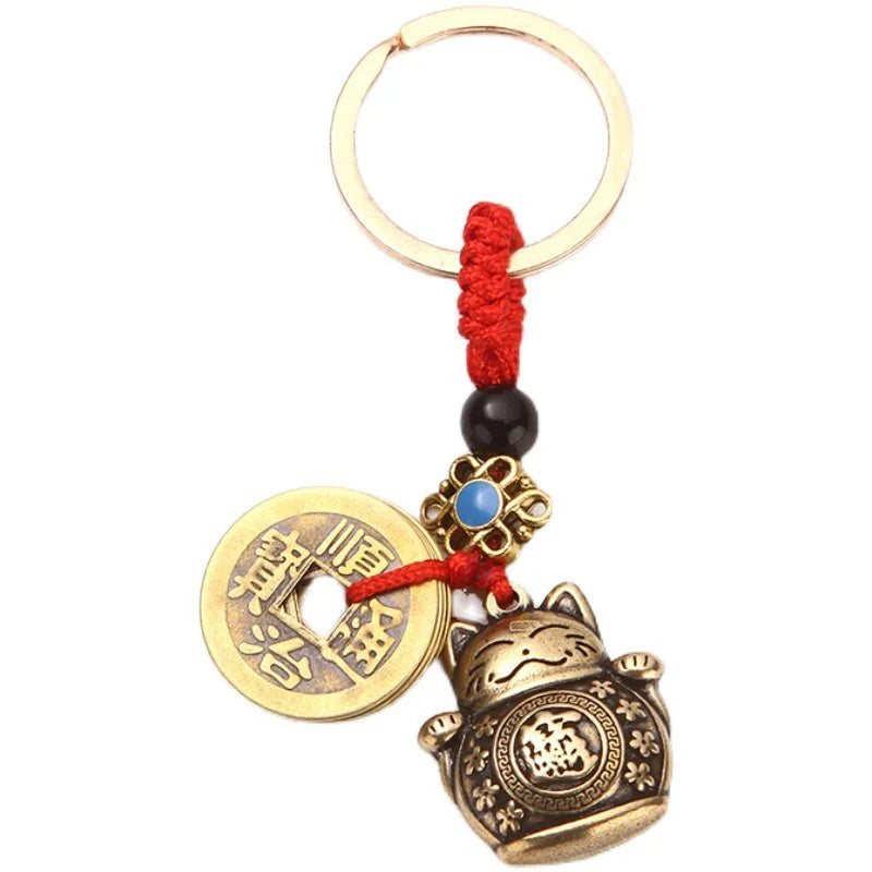Pure Handmade Brass Antique Chinese Coin Car Keychain Lucky Cat Five Emperors Money Keychain Feng Shui Coins Solid Key Rings