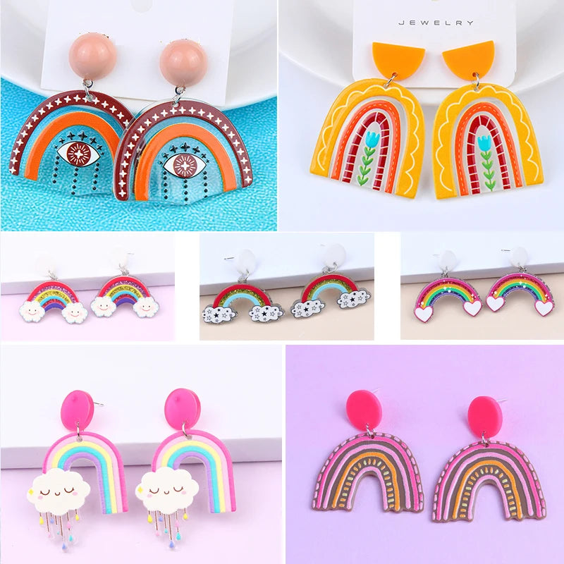 Rainbow Dangling Earrings For Women Minimalist Stripes Acrylic Creative Macaron Rainbow Lover Earrings Bohemian Holiday Gift