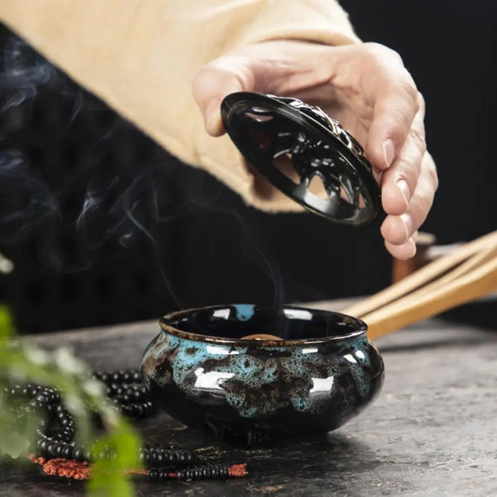 Incense Burner with Lid Hollow Top Censer Holder Heat Resistance Incense Tower Ice Crack Pattern Peaceful Mind Censer Burner