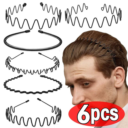 6pcs Fashion Metal Hair Band for Men Women Unisex Black Wavy Hair Head Hoop Band Sports Headband Hairband Hair Accessories Gift