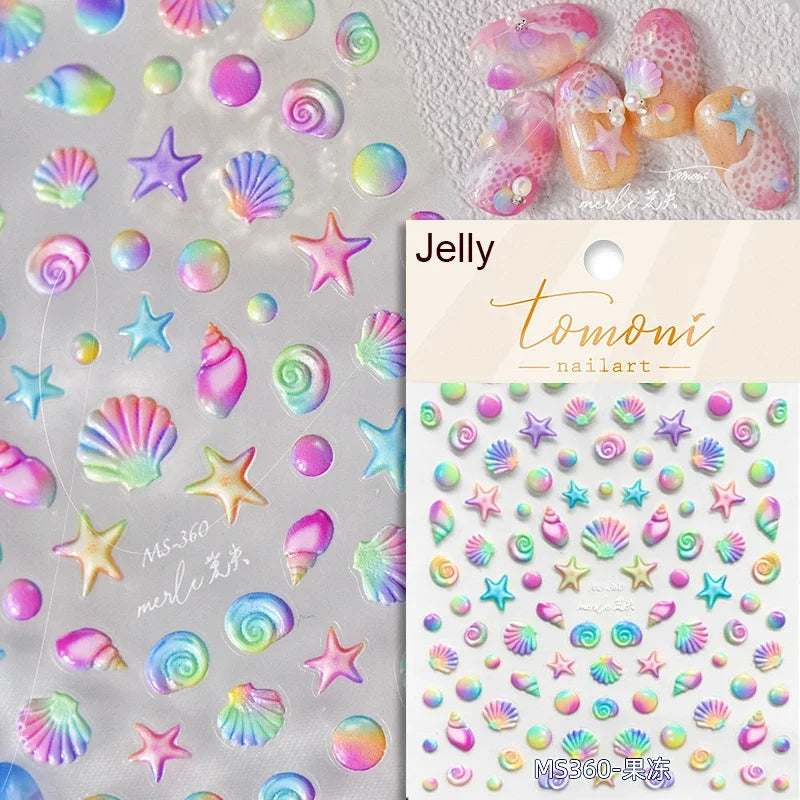 Summer Beach Ocean Shell Starfish Clams Conch Stars Sea Bubble Seasnail Soft Relief Decoration Nail Art Stickers Manicure Decals