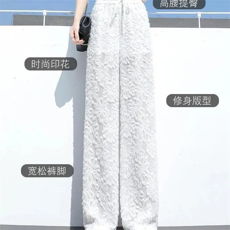 2023 New White Ice Silk Snowflake Mao Mao Wide-Leg Pants Women's Summer New High Waist Loose Drape Chiffon Mopping Casual Pants