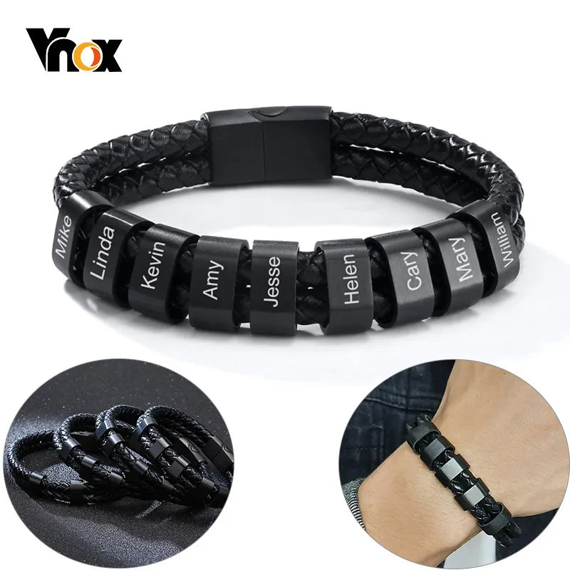 Vnox Personalized Men's Black Plaited Leather Bracelets Free Custom Made with Charm Beads Family Names Inspirational Jewelry