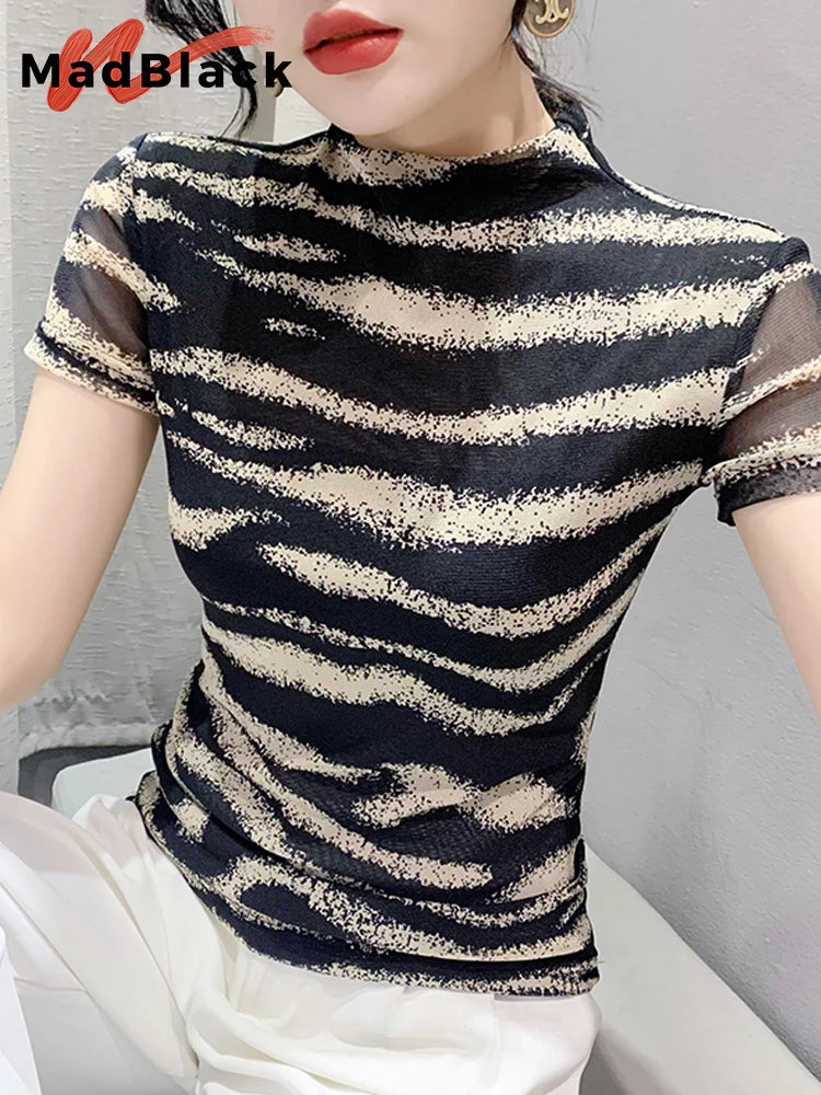 MadBlack European Clothes T-Shirts Women Sexy Mock Neck Zebra Print Slim Mesh Tops Short Sleeves Tees Spring Autumn T39711JC