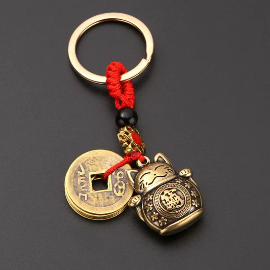 Pure Handmade Brass Antique Chinese Coin Car Keychain Lucky Cat Five Emperors Money Keychain Feng Shui Coins Solid Key Rings
