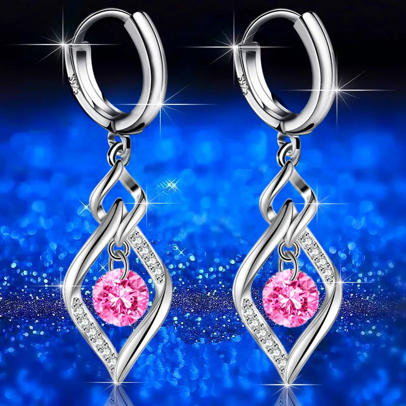 925 Sterling Silver New Woman Fashion Jewelry High Quality Blue Pink White Purple Crystal Zircon Hot Selling Earrings