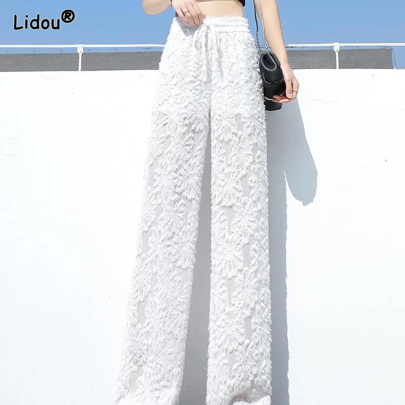 Fashion Elastic Waist Loose Solid Straight Wide Leg Pants Temperament Patchwork Elegant Casual Spring Summer Women's Clothing