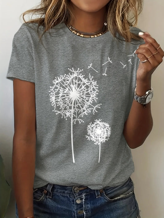 Dandelion Print Crew Neck T-Shirt, Casual Short Sleeve Top For Spring & Summer, Women's Clothing