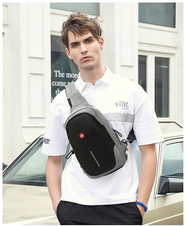 SWISS New Men's Casual Chest Bag Sports Waterproof Shoulder Bag Anti-theft Crossbody Bag Fashion Solid Color Usb Bag Sling Pack