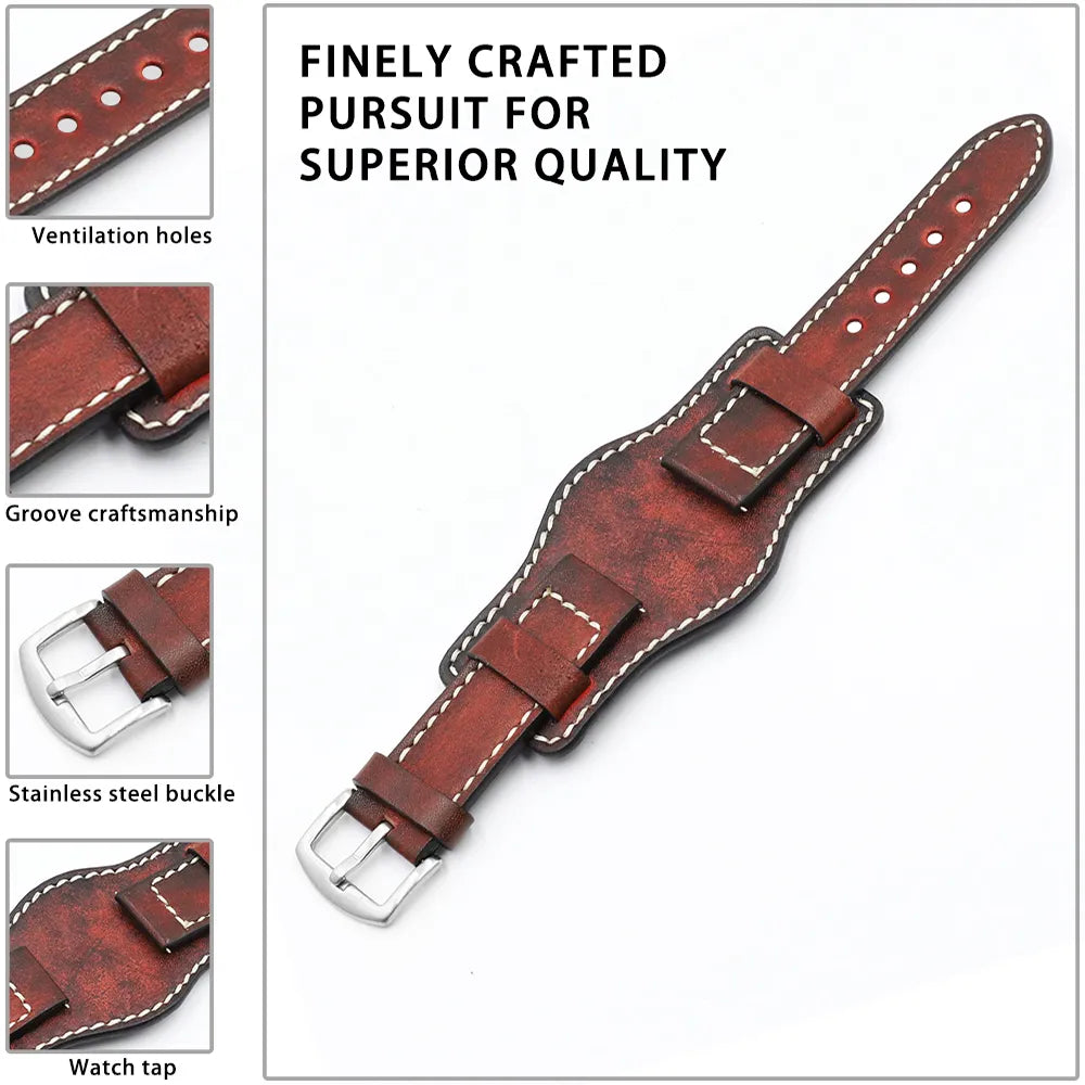 Retro Handmade Men's Wrist Watch Band 20mm 22mm 24mm Leather Cuff Watch Bracelet Yellow Blue Black Green Red Color Watch Strap