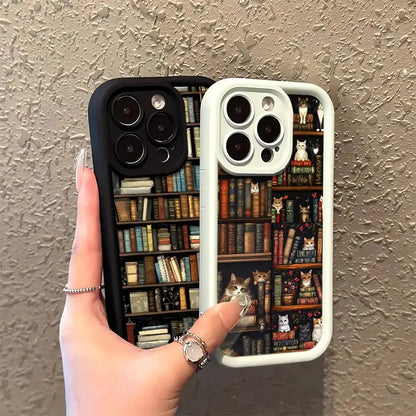 Vintage Bookshelf Kitten Phone Case for iPhone 11, 12, 13, 14, 15, and 16 Pro Max - Soft Silicone Shockproof Cover
